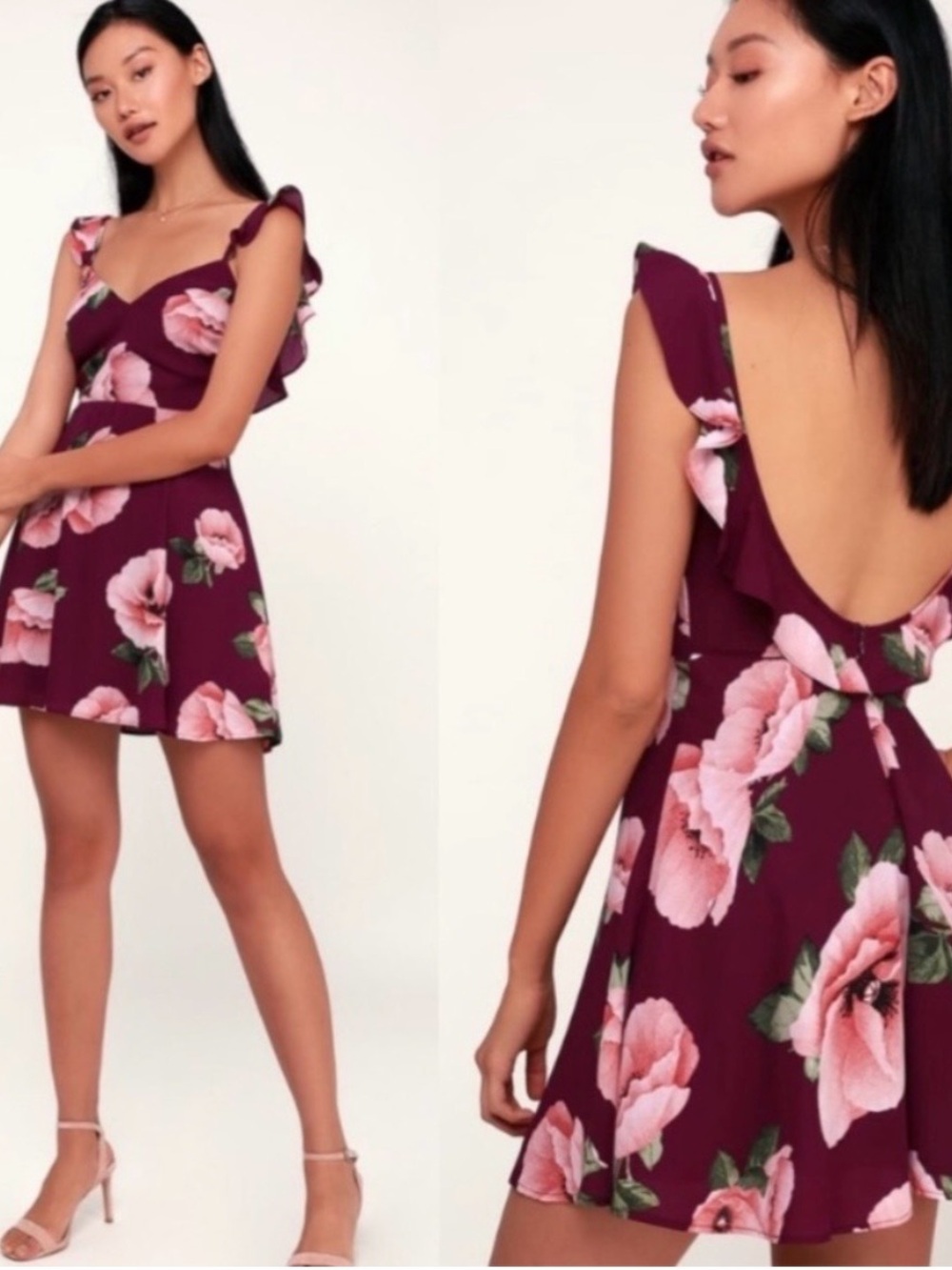 Lulu's Burgundy Mini Dress with Pink Floral Print